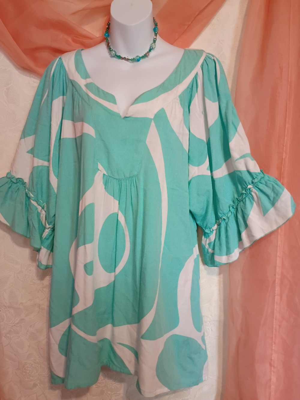 escapada Ladies Mint & White Abstract Peasant Tunic Sz XL